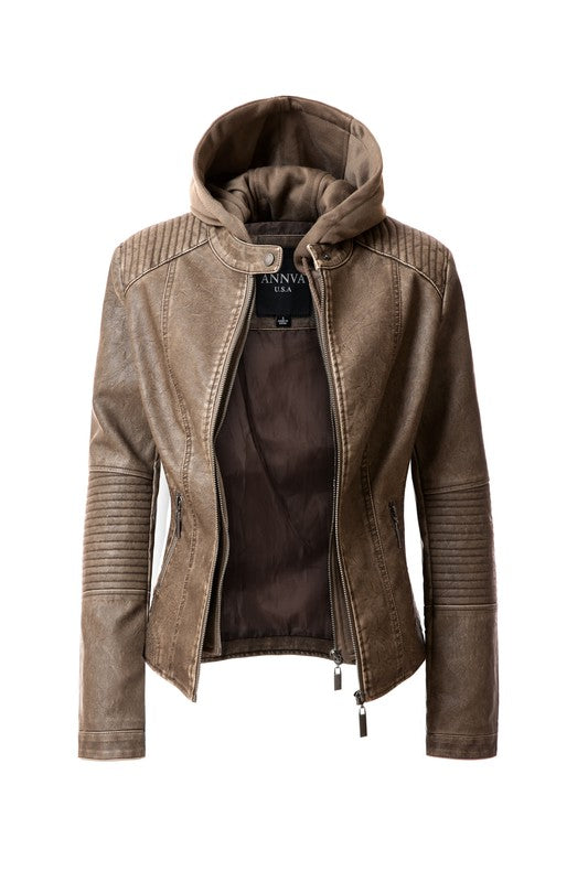 Women's PU Leather Hooded Jacket