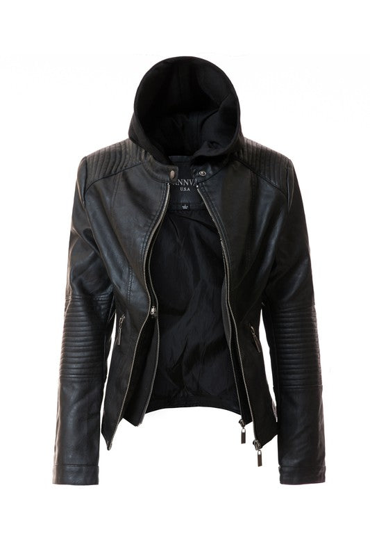 Women's PU Leather Hooded Jacket