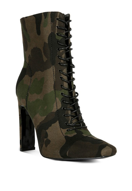WYNDHAM Lace Up Leather Army Print Ankle Boots
