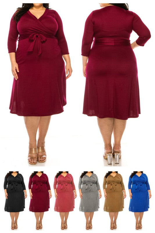 Plus Size Knee Length Belted Wrap Dress