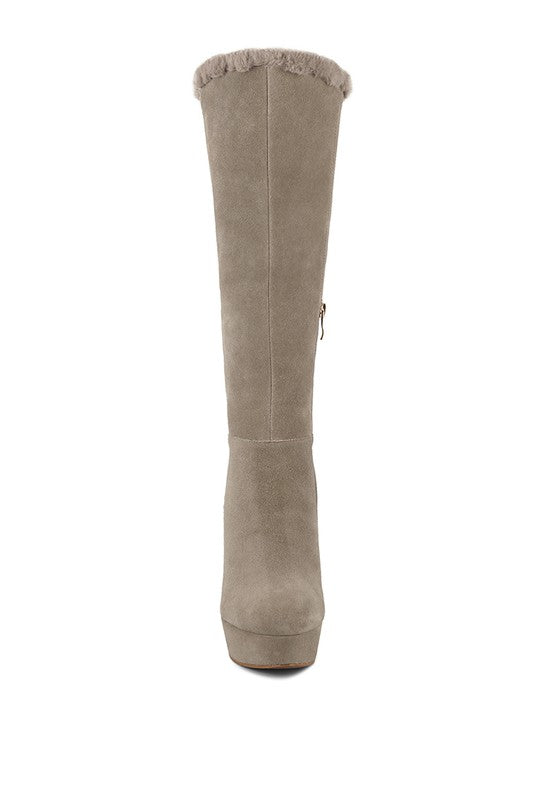 Suede Side Zipper Knee High Fur Boots