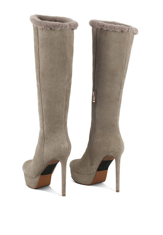 Suede Side Zipper Knee High Fur Boots