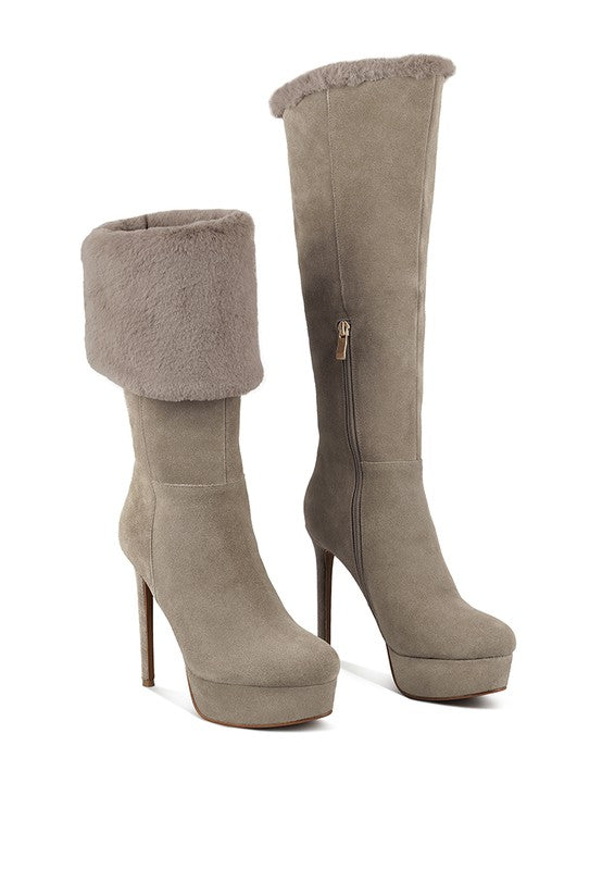 Suede Side Zipper Knee High Fur Boots