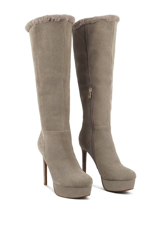 Suede Side Zipper Knee High Fur Boots