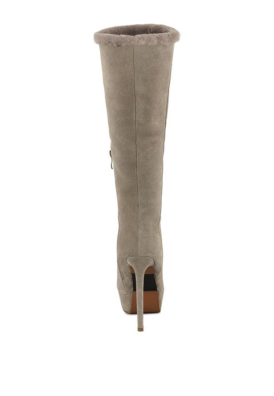 Suede Side Zipper Knee High Fur Boots