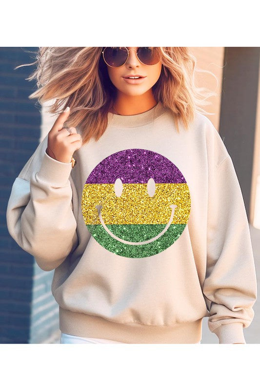 Happy Mardi Gras Smiley Face Graphic Sweatshirt