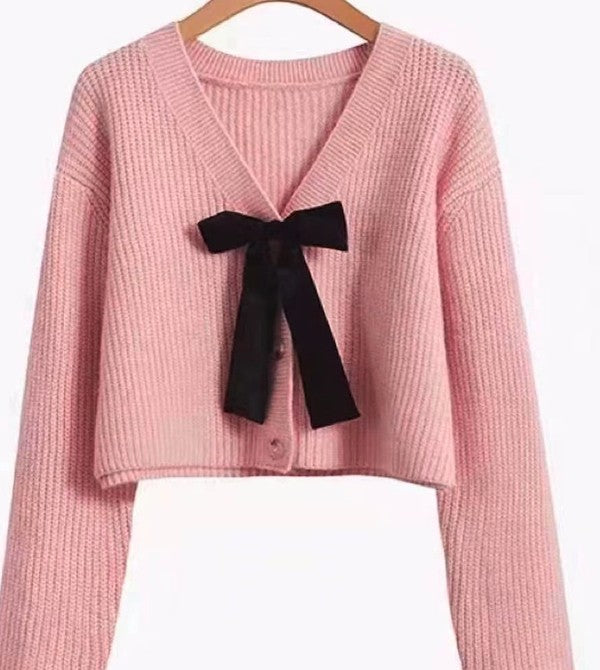 V-Neck Cropped Cardigan With Front Bow