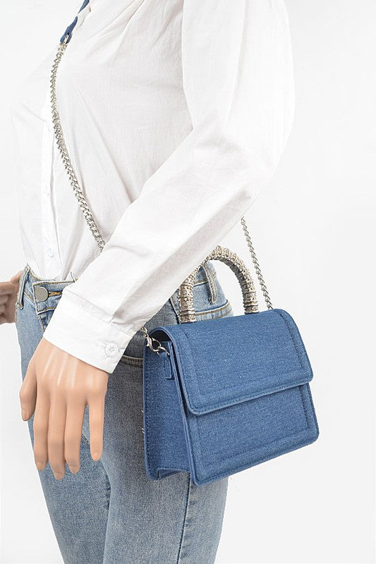 Silver Top Handle Denim Satchel with Detachable Shoulder Strap