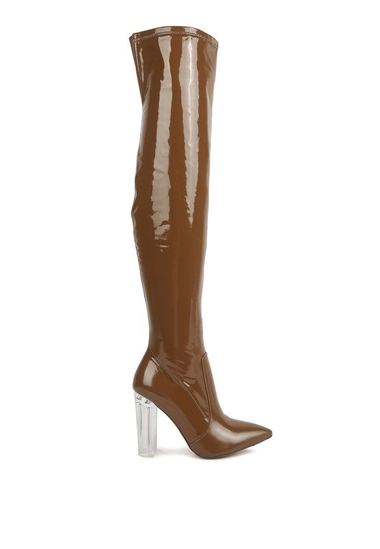 Noire Patent Pu Leather Clear Heel Thigh Boots
