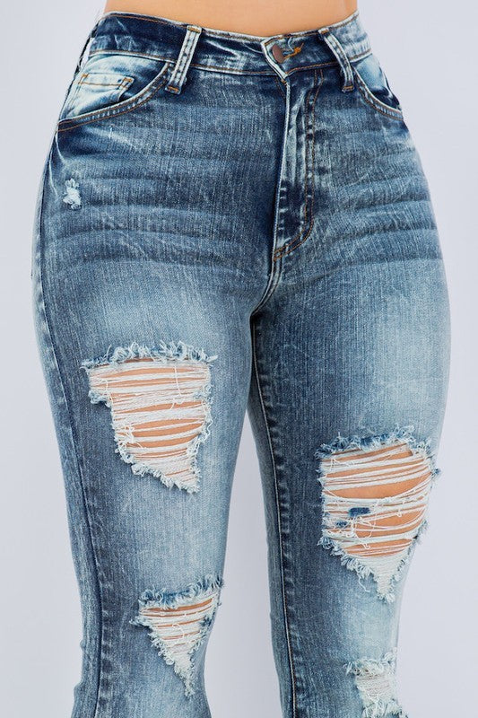 Storm Cloud Thigh Distressed Bell Bottom Jean