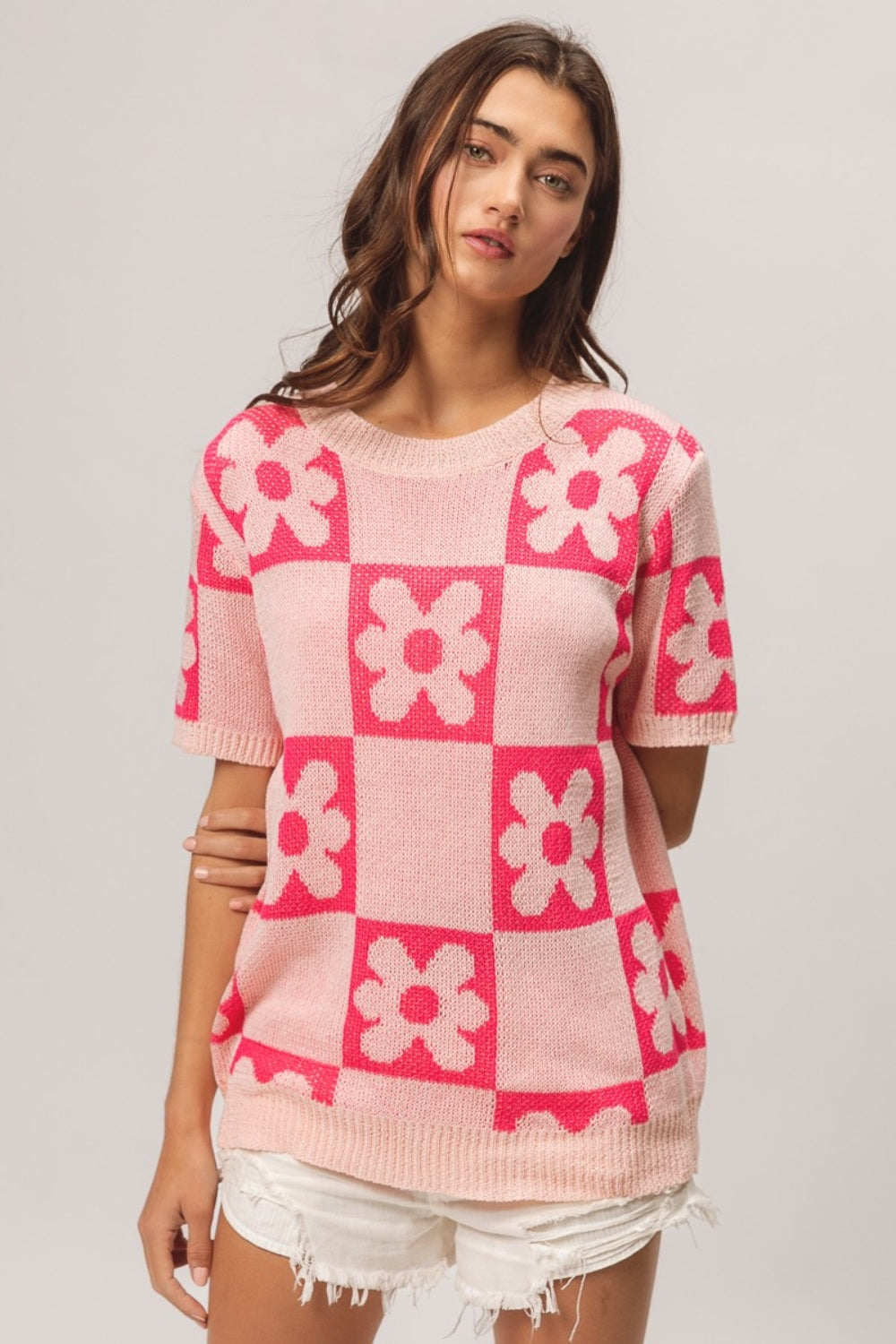BiBi Checkered Board Pattern Short Sleeve Sweater Blouse