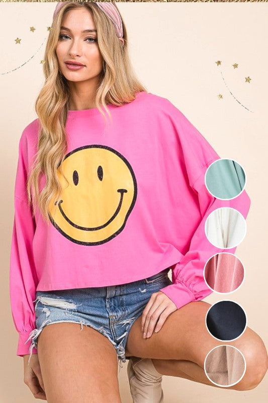 Oversized Long Sleeve Smiley Face Crop Top