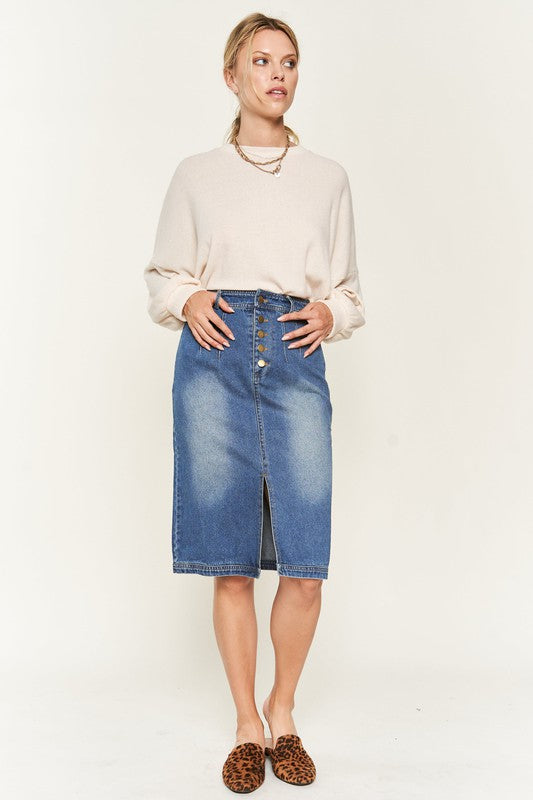 Pleated Denim Knee Length Skirt
