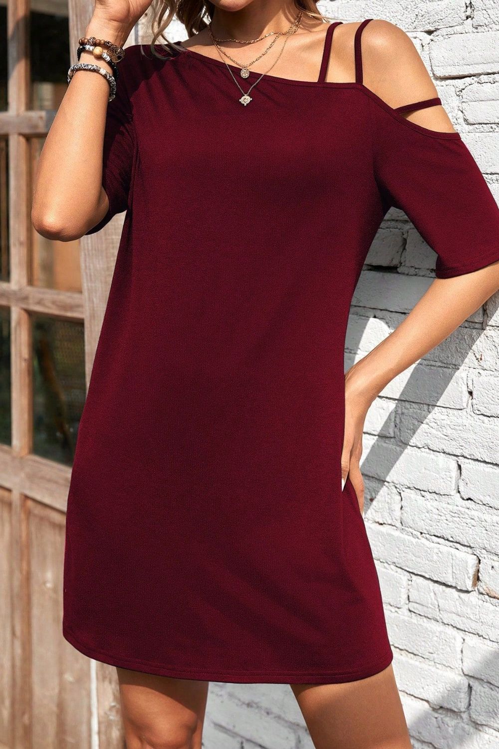 Mini Dress With Asymmetrical Neck Half Shoulder Out Sleeve