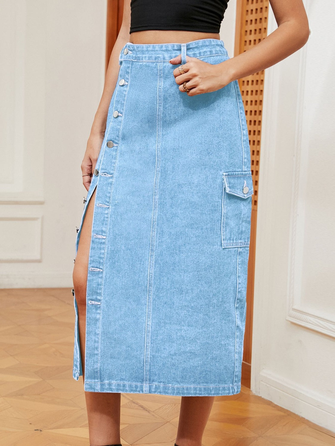 Casual Button Down Denim Midi Skirt