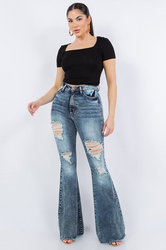 Storm Cloud Thigh Distressed Bell Bottom Jean