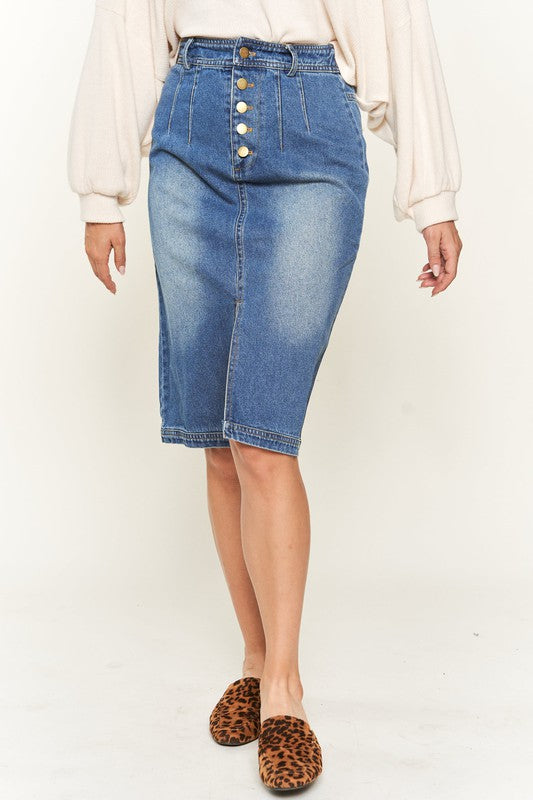 Pleated Denim Knee Length Skirt