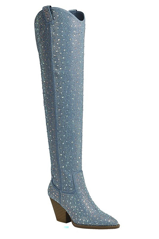 Knee High Rhinestones Bedazzled Cowboy Boots