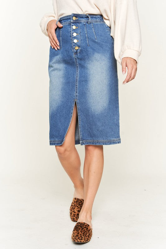 Pleated Denim Knee Length Skirt