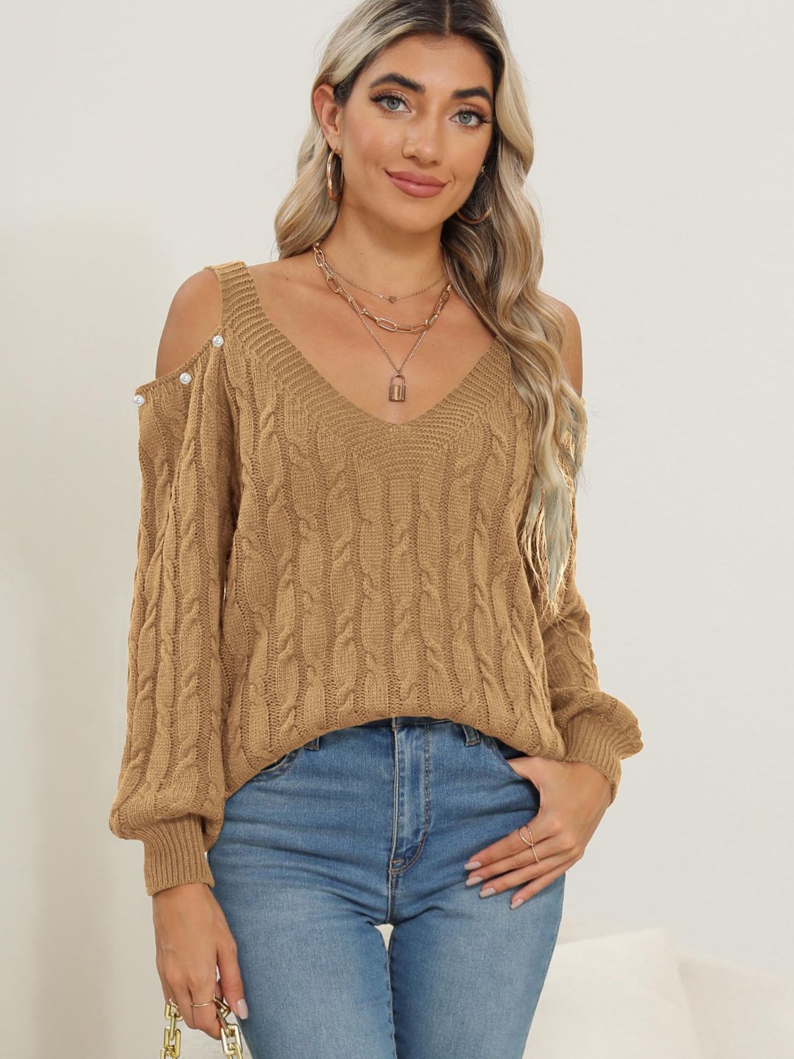 Cable-Knit Double Cold Shoulder Sweater