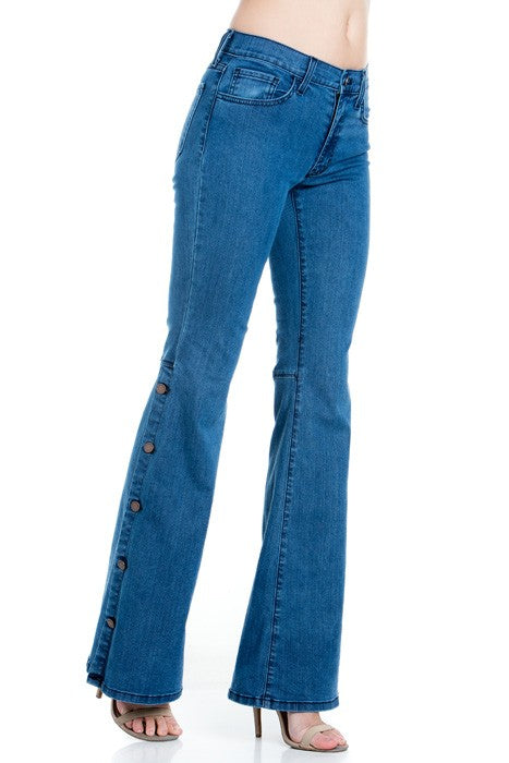 Button Wide Bottom Stretch Denim Jeans