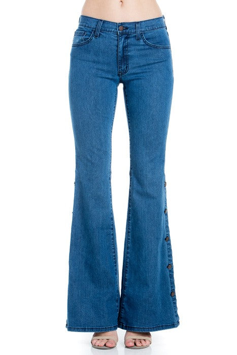 Button Wide Bottom Stretch Denim Jeans