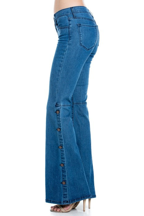 Button Wide Bottom Stretch Denim Jeans