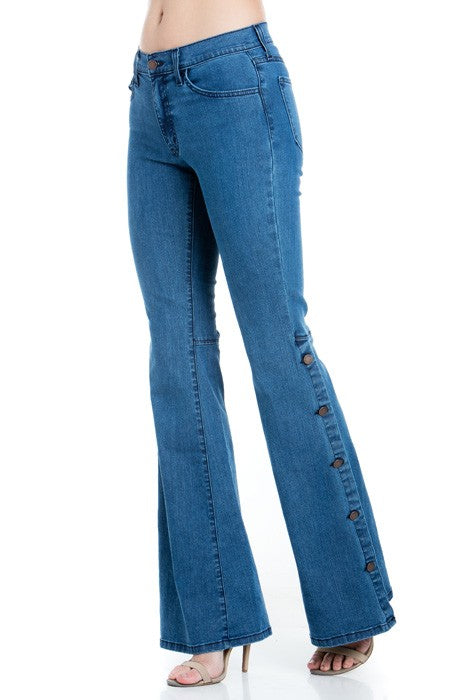 Button Wide Bottom Stretch Denim Jeans