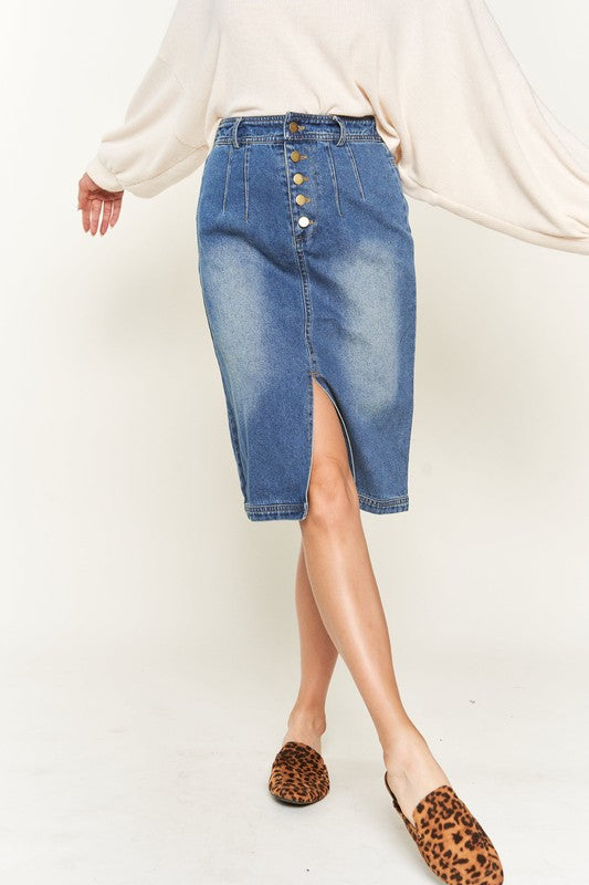 Pleated Denim Knee Length Skirt