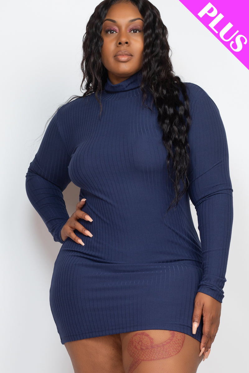 Plus Size Ribbed Long Sleeve Mock neck Mini Bodycon dress