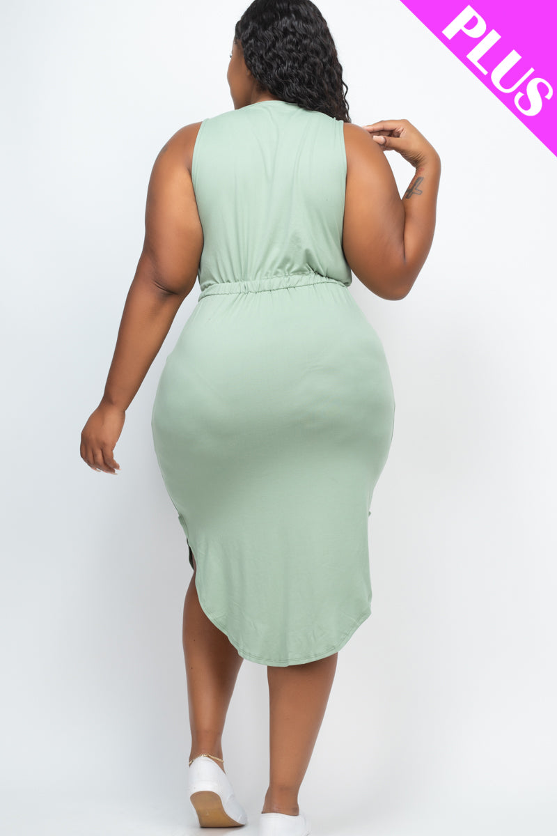PLUS SIZE DRAWSTRING SLEEVELESS MIDI DRESS