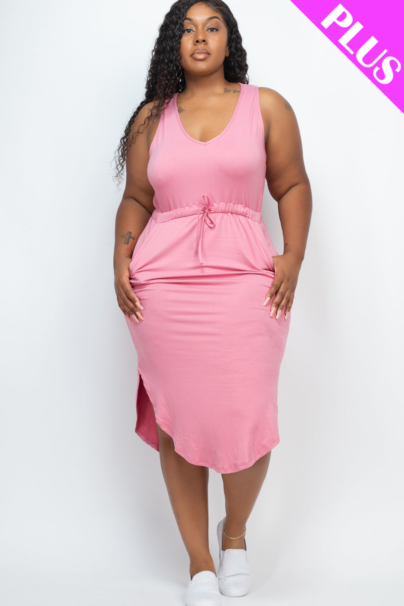 PLUS SIZE DRAWSTRING SLEEVELESS MIDI DRESS