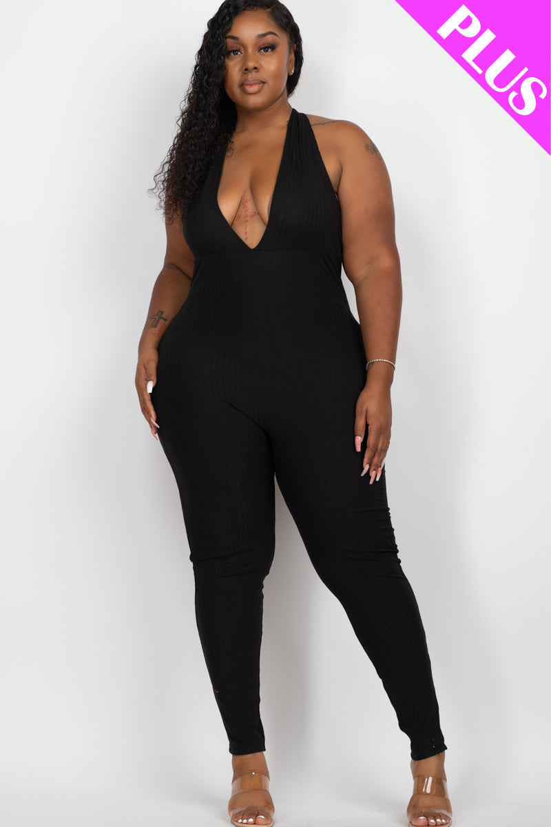 Plus Size Halter V Neck Ribbed Bodycon Jumpsuit