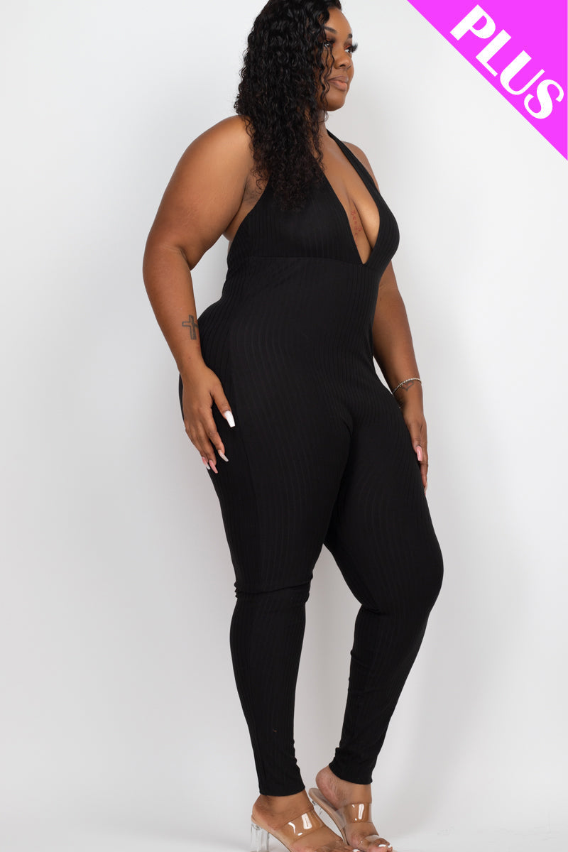 Plus Size Halter V Neck Ribbed Bodycon Jumpsuit