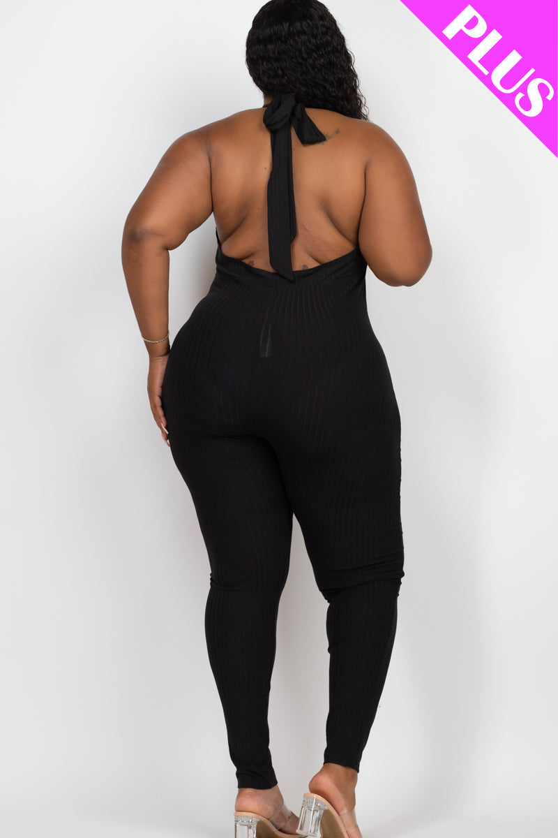 Plus Size Halter V Neck Ribbed Bodycon Jumpsuit