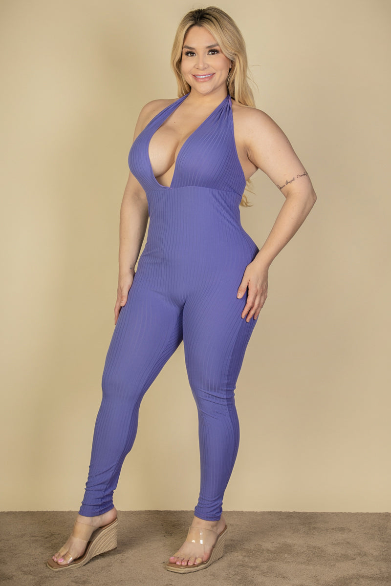 Plus Size Halter V Neck Ribbed Bodycon Jumpsuit