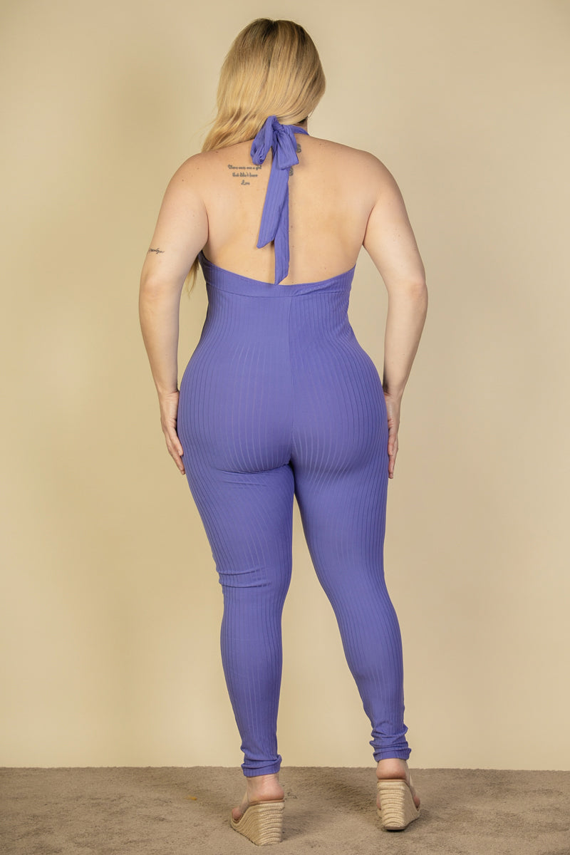 Plus Size Halter V Neck Ribbed Bodycon Jumpsuit
