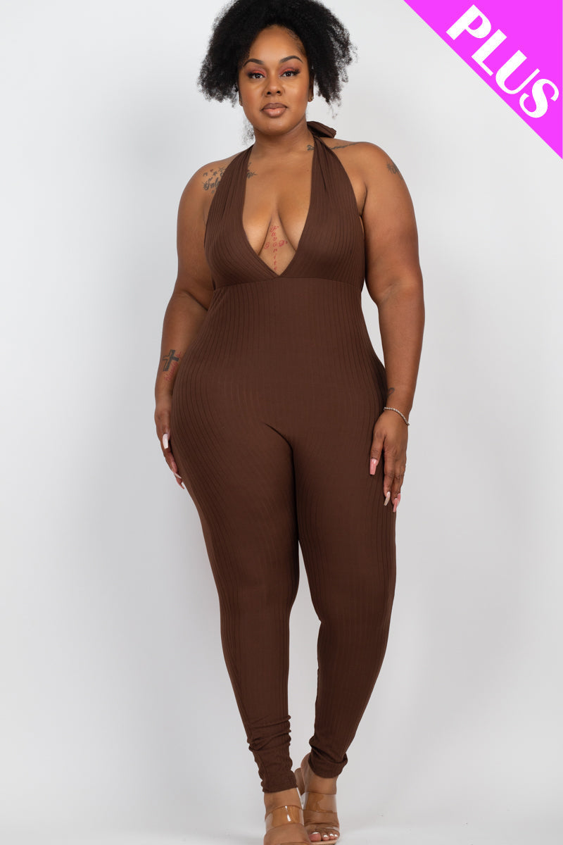 Plus Size Halter V Neck Ribbed Bodycon Jumpsuit
