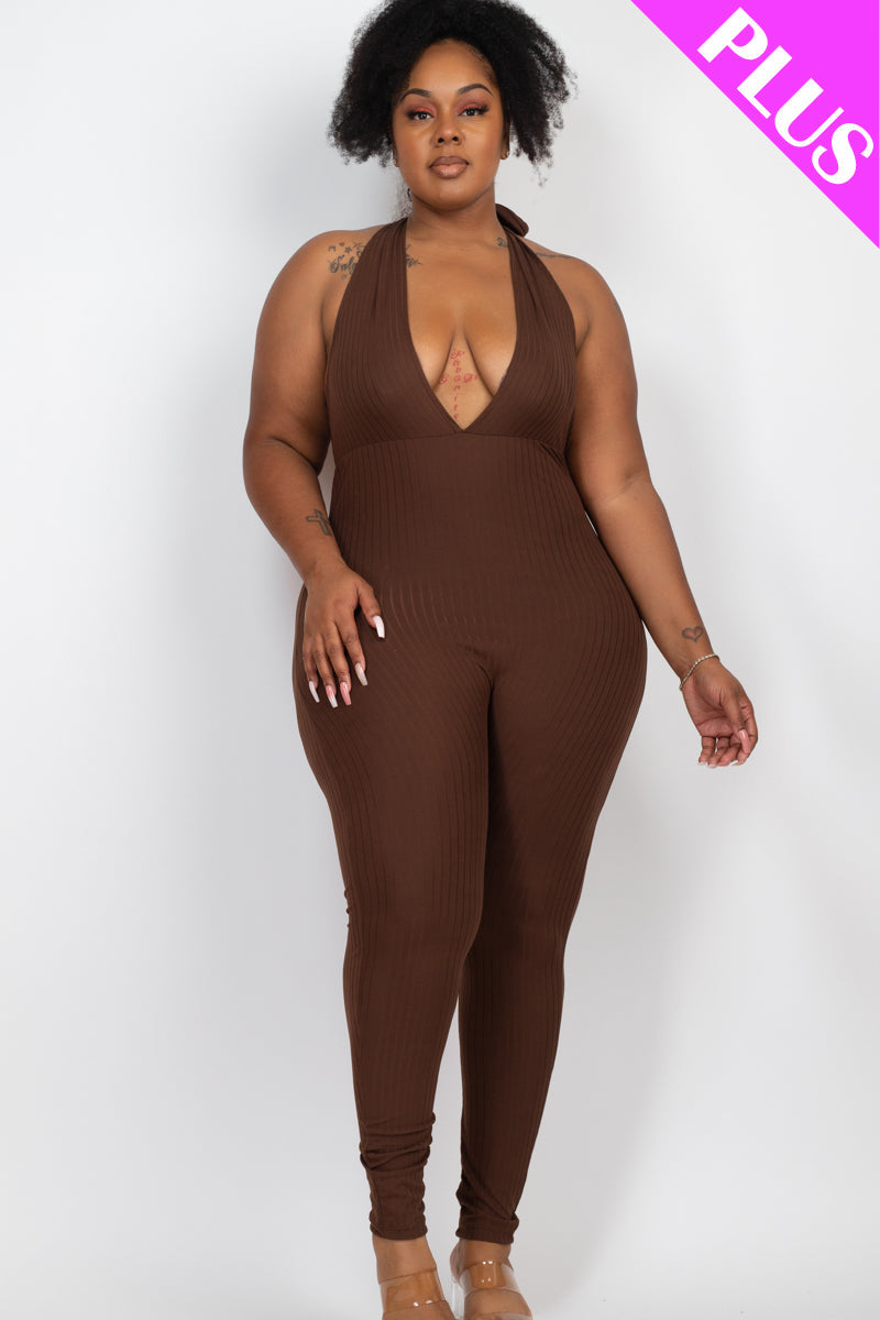 Plus Size Halter V Neck Ribbed Bodycon Jumpsuit