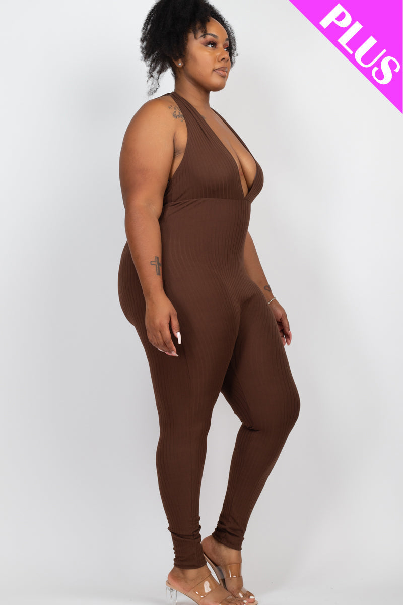 Plus Size Halter V Neck Ribbed Bodycon Jumpsuit