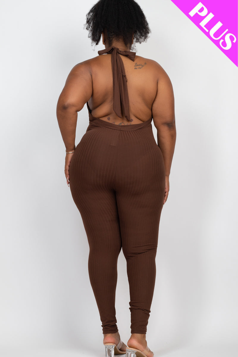 Plus Size Halter V Neck Ribbed Bodycon Jumpsuit