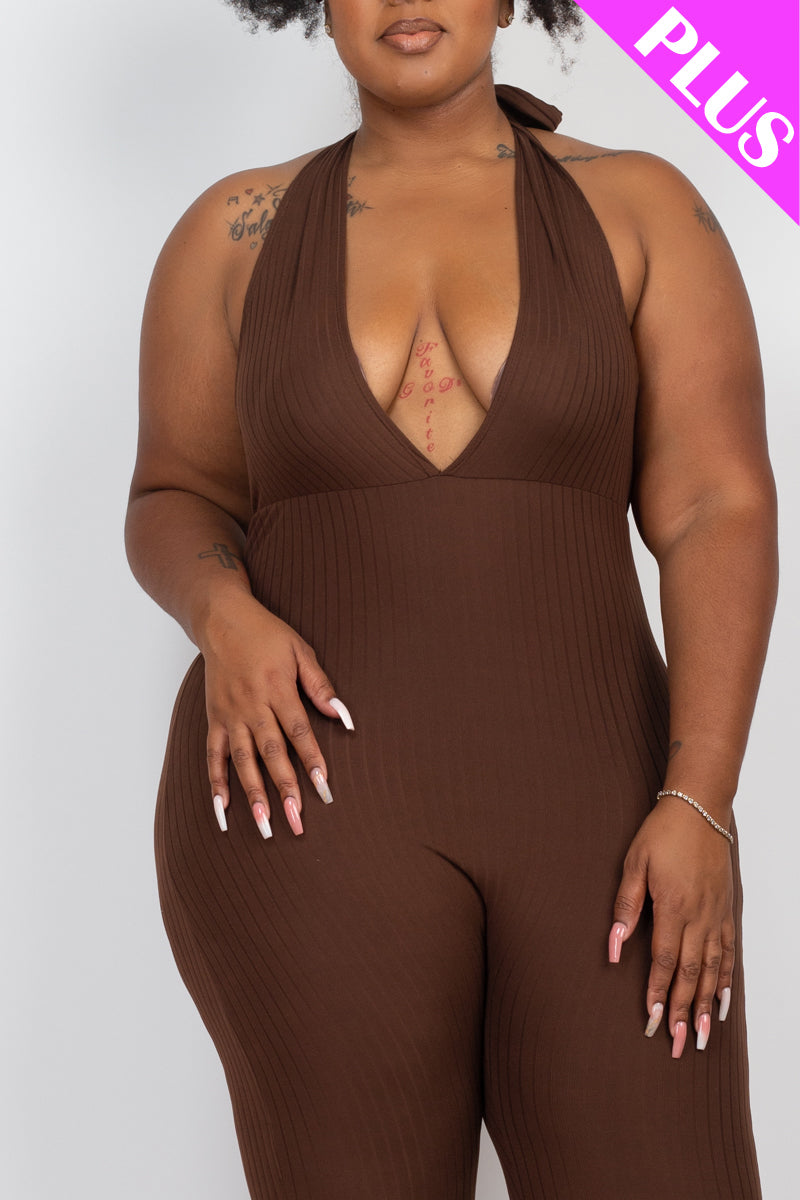Plus Size Halter V Neck Ribbed Bodycon Jumpsuit