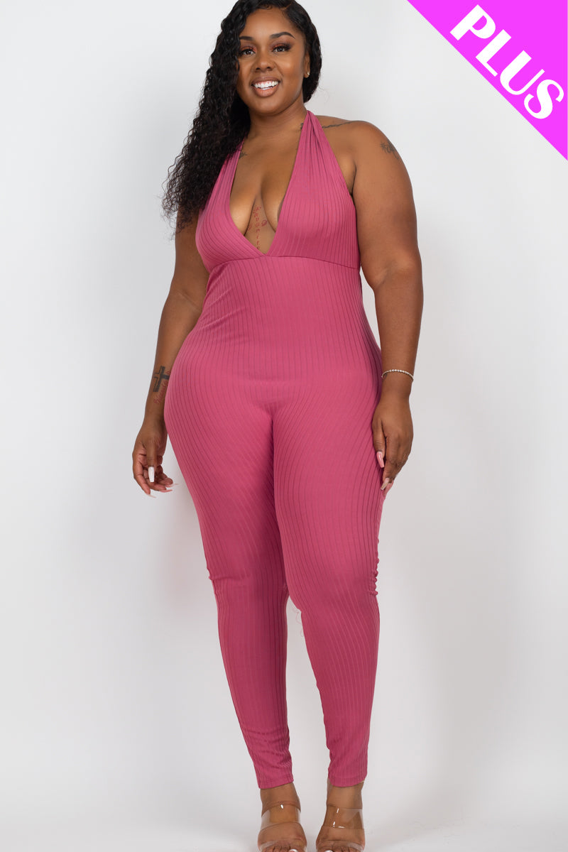 Plus Size Halter V Neck Ribbed Bodycon Jumpsuit