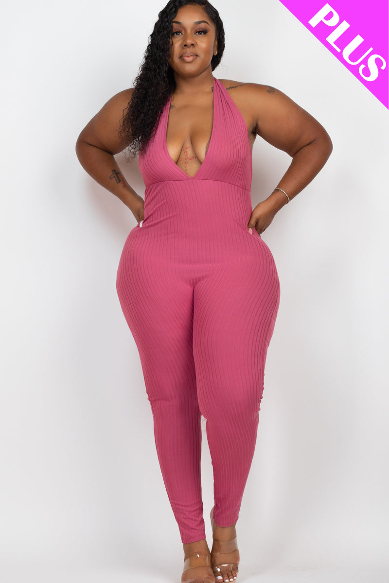 Plus Size Halter V Neck Ribbed Bodycon Jumpsuit