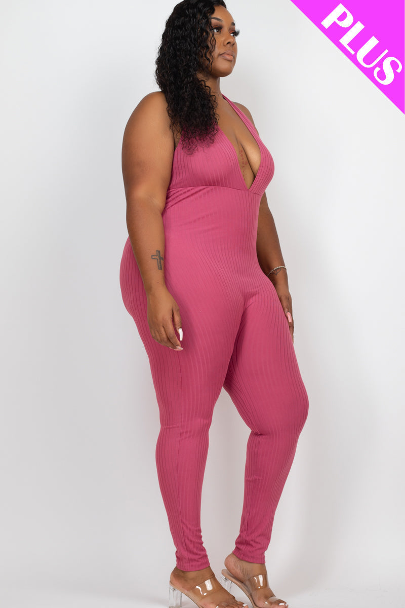 Plus Size Halter V Neck Ribbed Bodycon Jumpsuit
