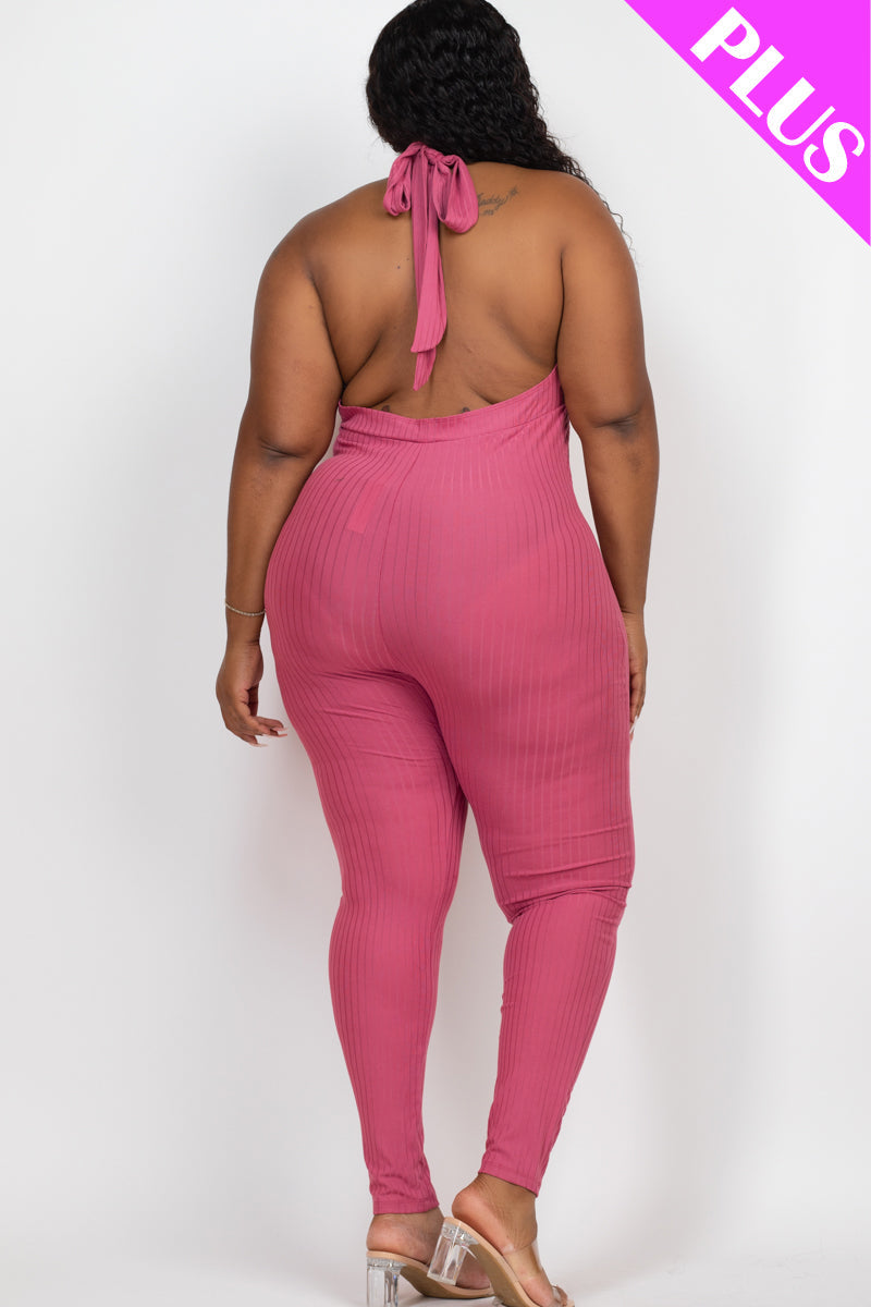 Plus Size Halter V Neck Ribbed Bodycon Jumpsuit