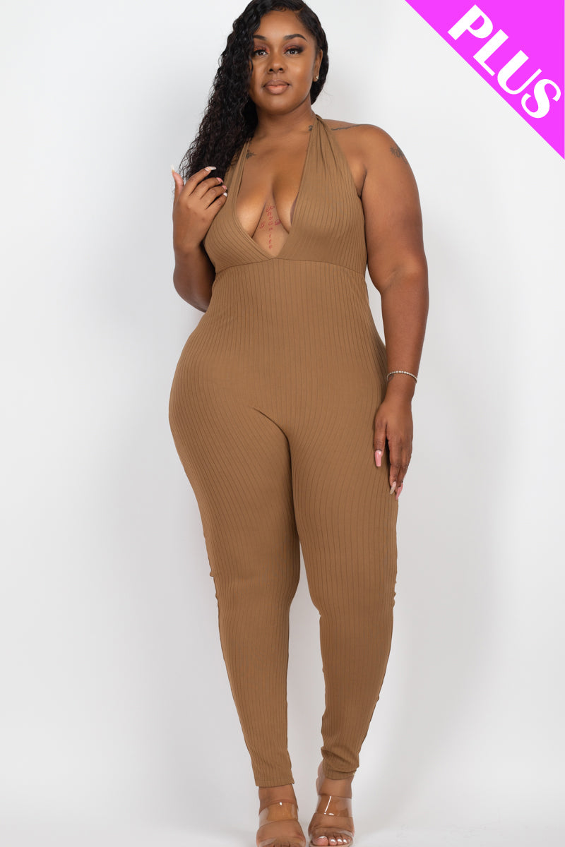 Plus Size Halter V Neck Ribbed Bodycon Jumpsuit