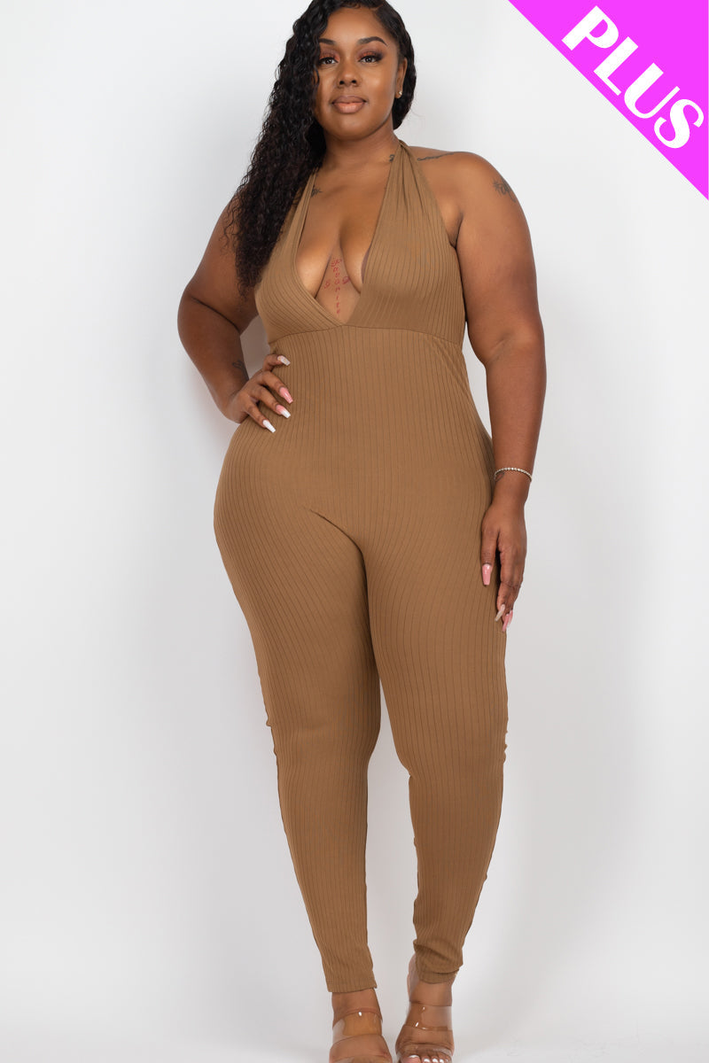 Plus Size Halter V Neck Ribbed Bodycon Jumpsuit