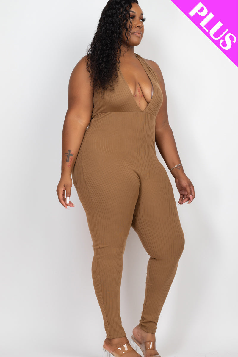 Plus Size Halter V Neck Ribbed Bodycon Jumpsuit