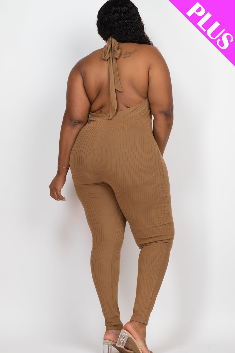Plus Size Halter V Neck Ribbed Bodycon Jumpsuit